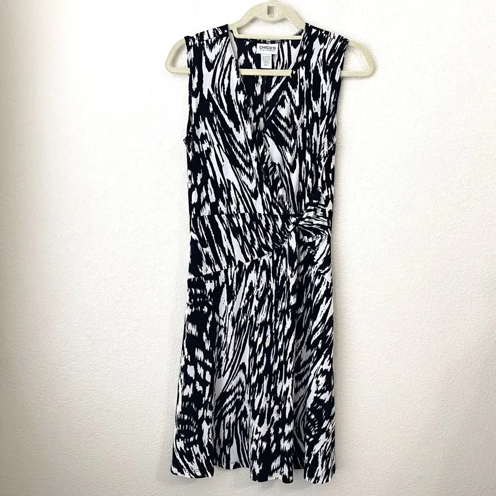 Chico's Dress Womens Size 1 Medium Travelers Faux Wrap Midi Black White - Picture 1 of 7